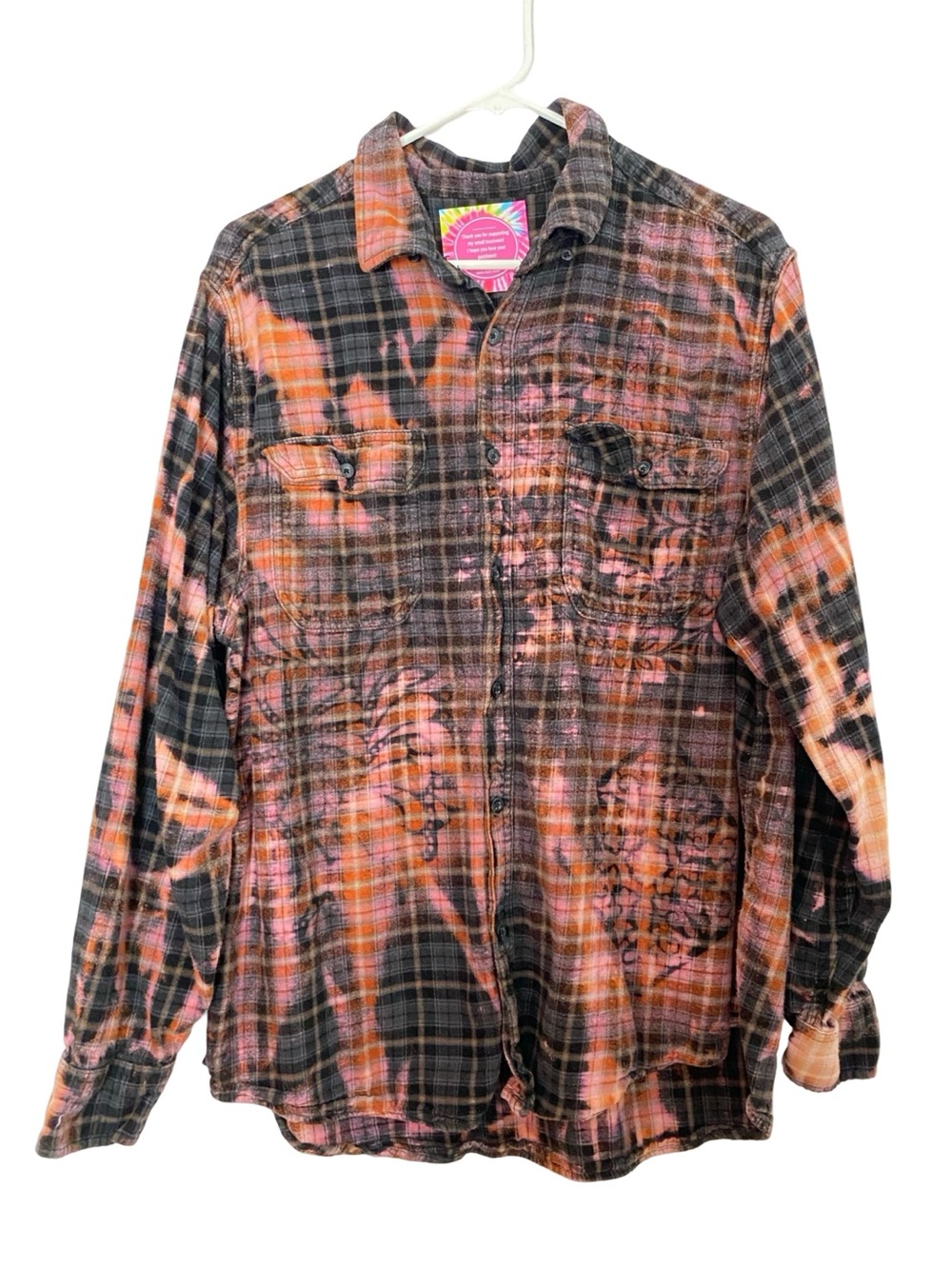 OOAK Custom Flannel Shirt Mens Size Large Unisex Black Upcycled Handmade Pink